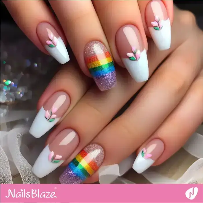 White French Tips with Glitter Flag Nail Art | Pride | LGBTQIA2S+ Nails - NB2067